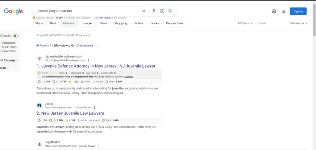 Screenshot showing NJ Juvenile Lawyer ranking #1 in Google for keyword "juvenile lawyer near me"